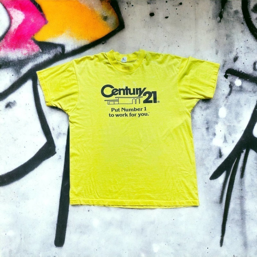 Screen Stars Vintage T Shirt Single Stitch Yellow Century 21 80s Tee Size XL